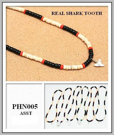 Shark Teeth On Coco Wood Beads Necklaces