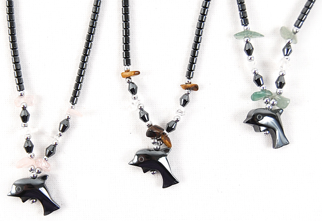 Dozen Small Dolphin Hematite Necklace With Color Stone Beads #HN-0027