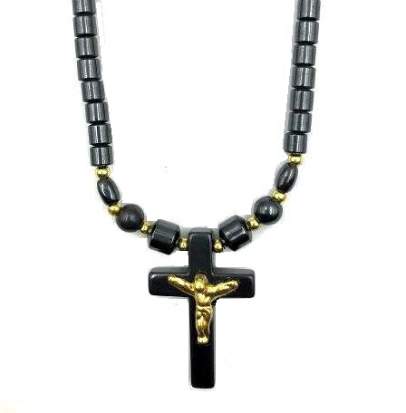 Dozen 22" Long Golden Crucifix Hematite Cross Hematite Necklace #HN-224