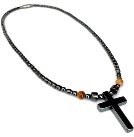 1 PC. Hematite Cross Tiger-Eye Beads Magnetic Necklace #MN-0111TE