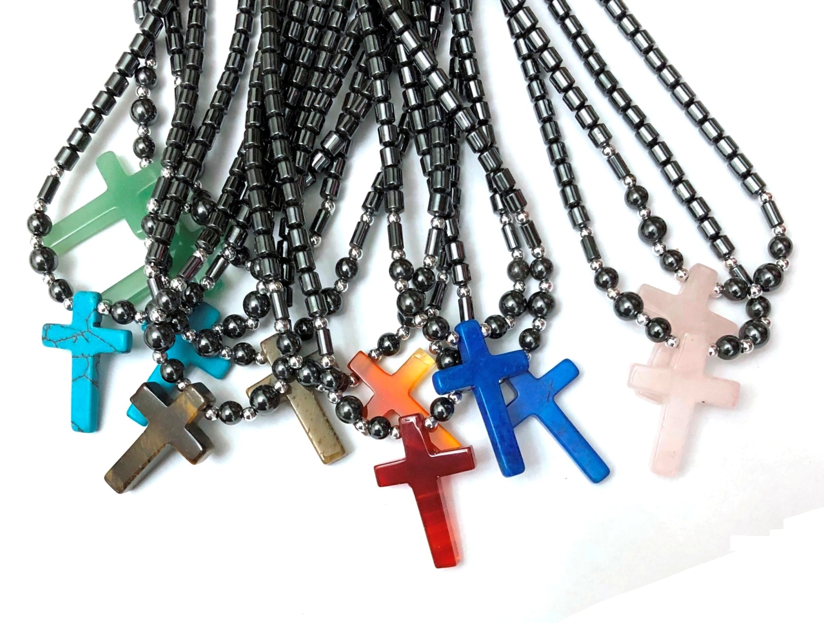 Dozen 24" Long Assorted Mixed Colors) Stone Crosses Hematite Necklaces #HN2293