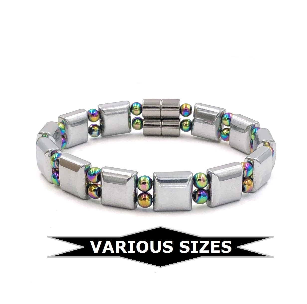 1 PC. (Magnetic) Silver & Rainbow Heavy Double Line Magnetic Therapy Bracelet Hematite Bracelet #MHB319